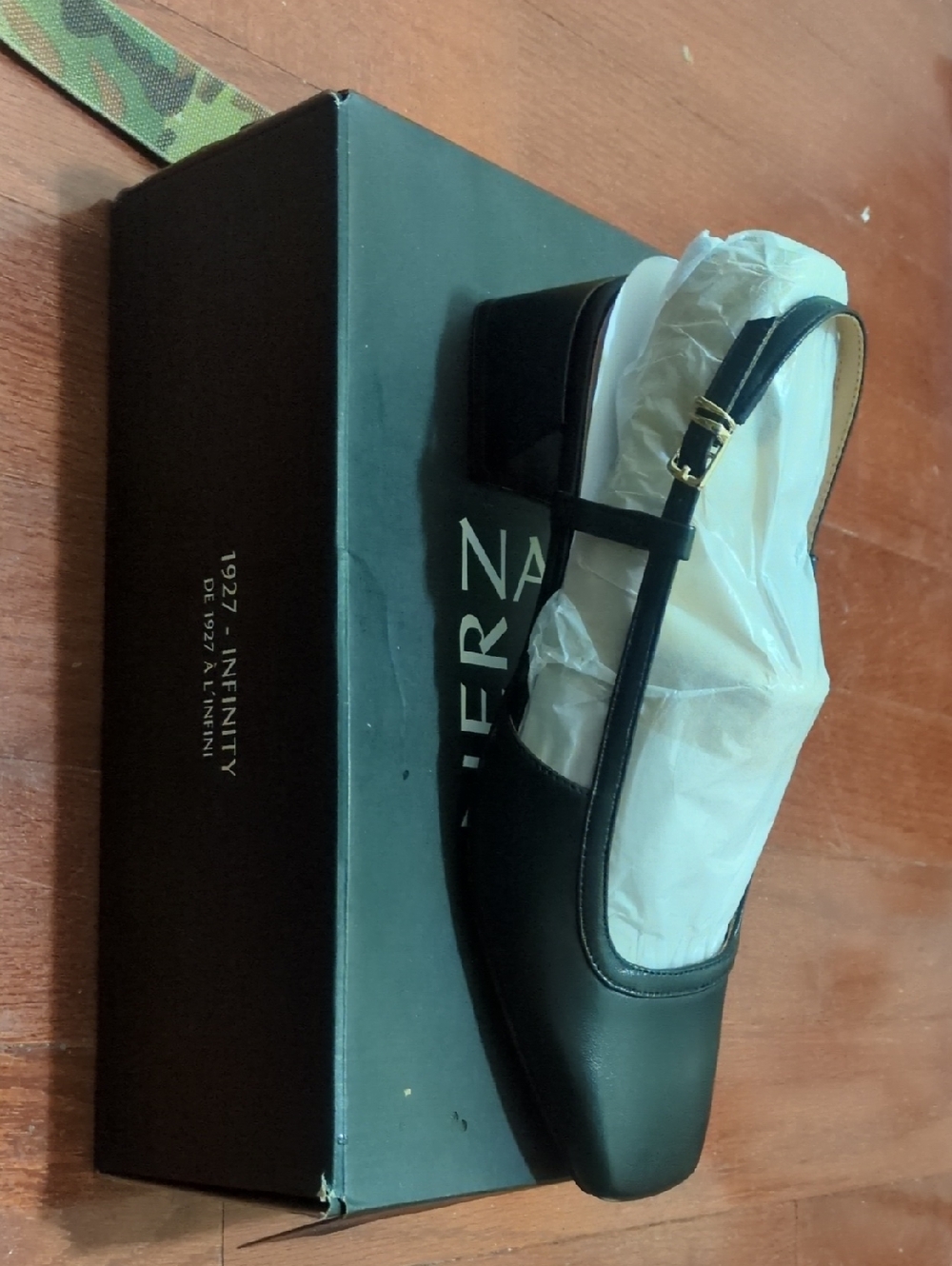 Nina Black Leather Square-Toe Slingback Loafers with Gold Buckle